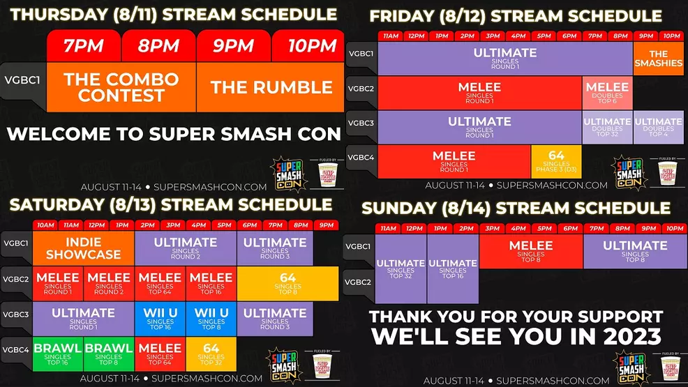 A look at the full schedule for Super Smash Con 2022.