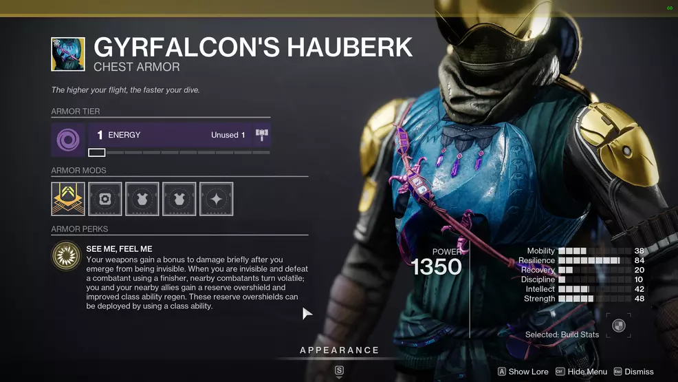 Image shows Gyrfalcon's Hauberk Exotic Hunter chest piece