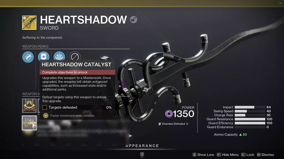 The Heartshadow Exotic catalyst showing the new perk Wraithwalk