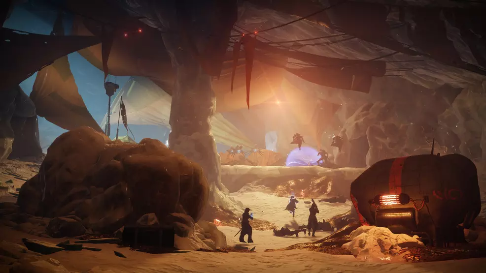 Image shows three Guardians in a Pirate Hideout during the Sails of the Shipstealer campaign