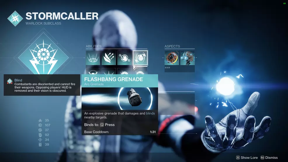 Warlock Arc subclass screen showing the Flashbang Grenade