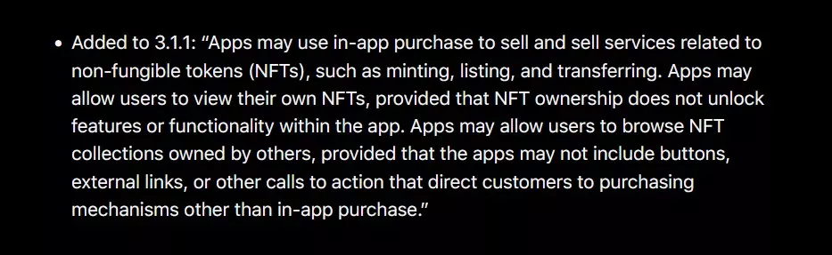 Apple's new App Store policy related to NFTs