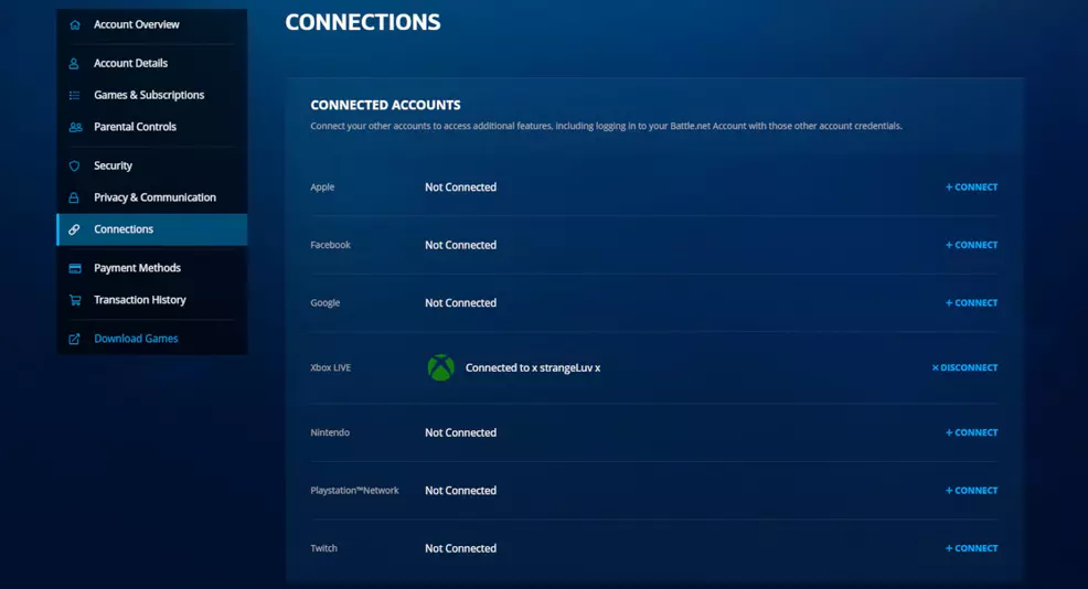 Image shows the Connections page on Battle.net