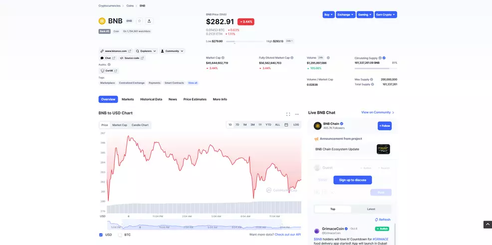 BNB token value as of October 7, 2022 from CoinMarketCap showing the current price at $282.91.