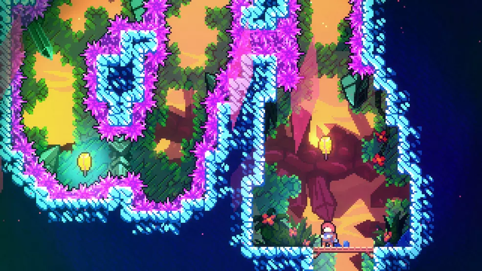 Celeste standing in a cave with pink crystal and a golden feather