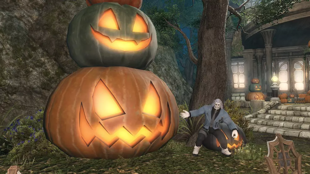 Posing in front of a giant gourd in Final Fantasy 14 Online's All Saints' Wake event