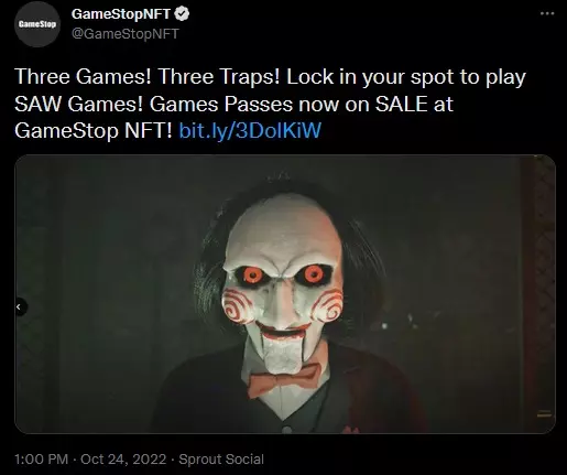 GameStop NFT's tweet about the SAW games from Internet Game and Lionsgate.