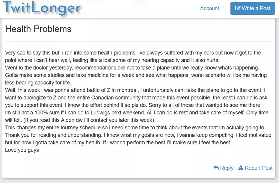 MKLeo's statement on bowing out of upcoming competition to focus on his health issues.