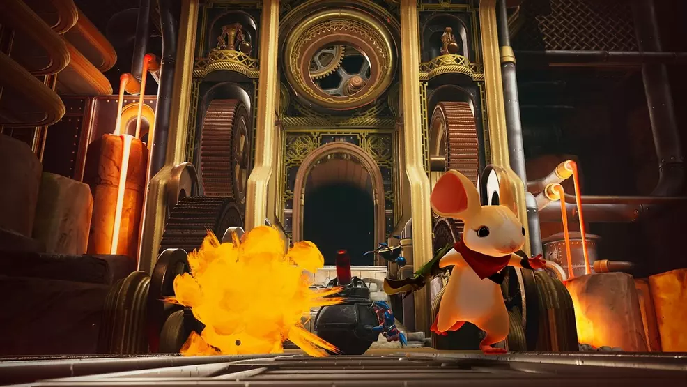 Quill from Moss: Book 2 wandering around a clockwork area.