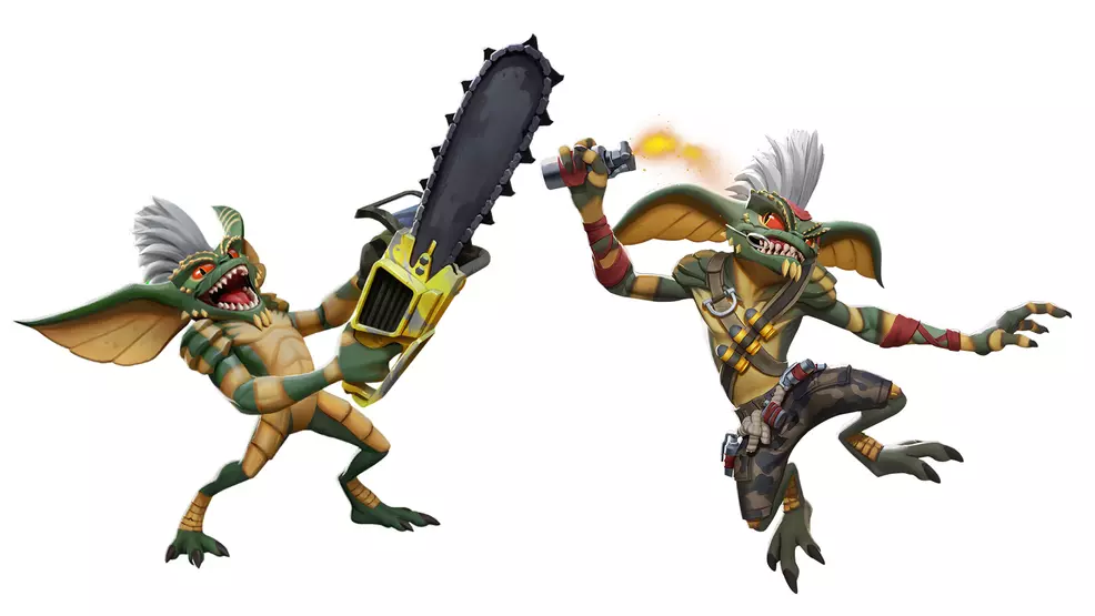 Two images of Stripe from MultiVersus, one holding a chainsaw the other a stick of dynamite