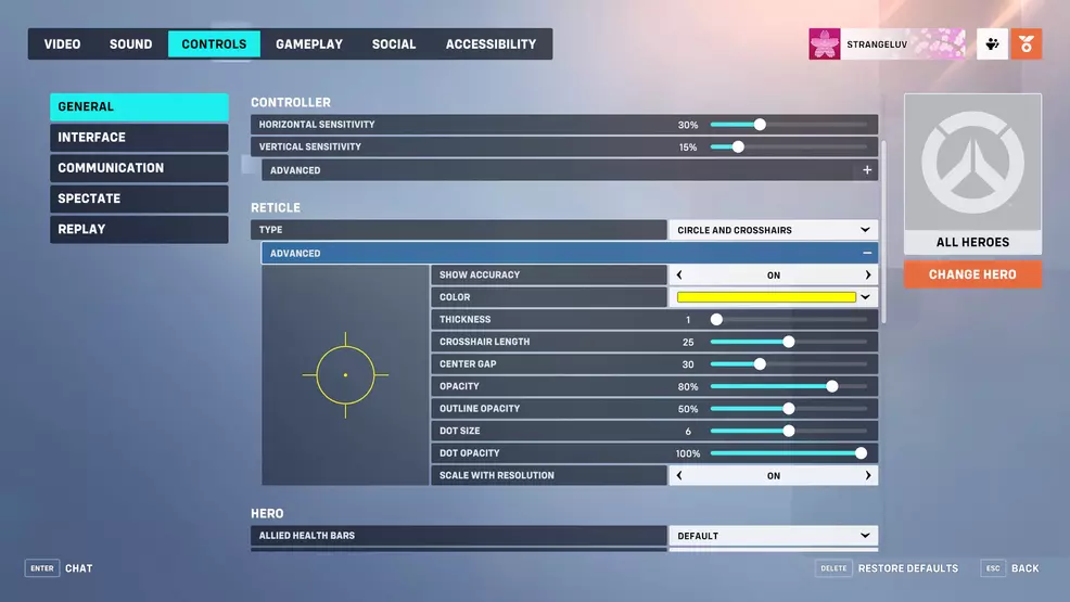 The reticle/crosshair settings screen in Overwatch 2