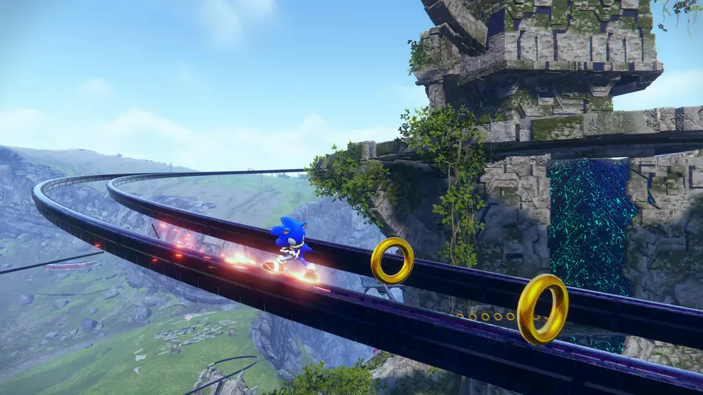 Sonic grinding a rail toward Rings on Kronos Island