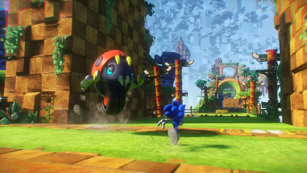Sonic running through the starting area of a Cyber Space level reminiscent of Green Hill Zone