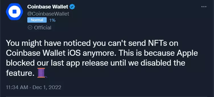 A screenshot of the Coinbase Wallet tweet quoted in the paragraph above.