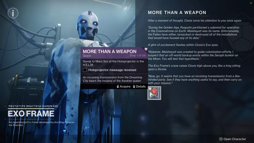 More Than A Weapon quest received from Clovis at the Exo Frame
