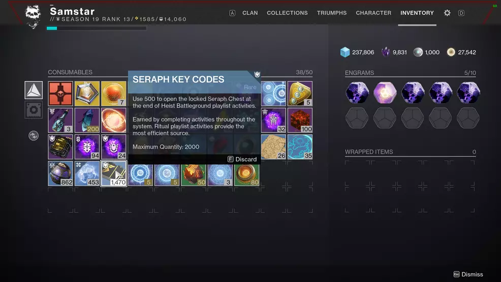 Seraph Key Codes in Inventory in Destiny 2