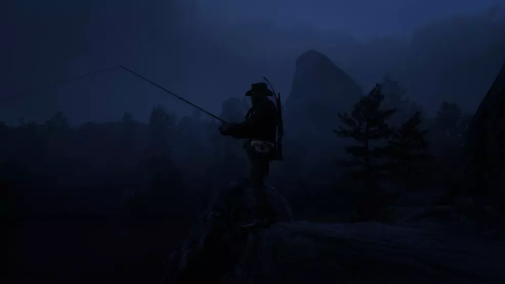 A dark image showing Arthur Morgan fishing in Red Dead Redemption 2