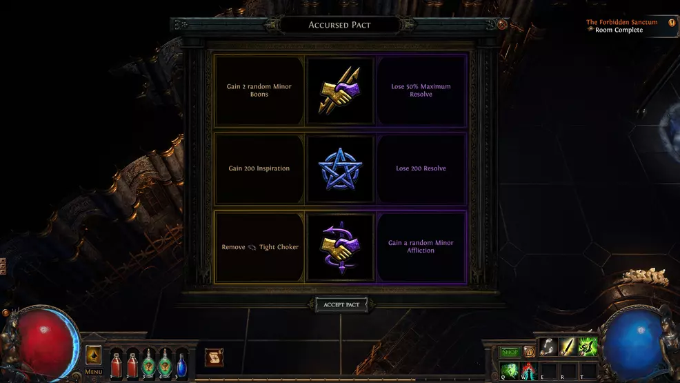 Evaluating Accursed Pacts in Path of Exile: The Forbidden Sanctum