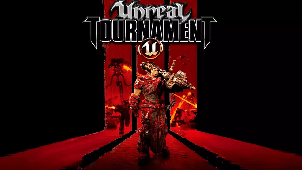 Official key art for Unreal Tournament 3, with a character holding a gun over their shoulder.