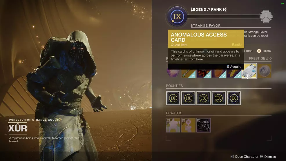 Xur giving the Anomalous Access Card for reaching Rank 16