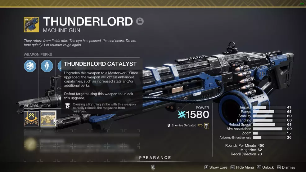 The Thunderlord Exotic catalyst completed on the Machine Gun