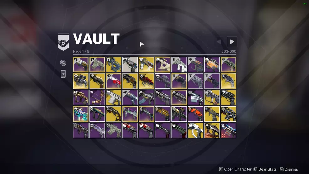 A vault in Destiny 2 full of weapons, armor, and gear