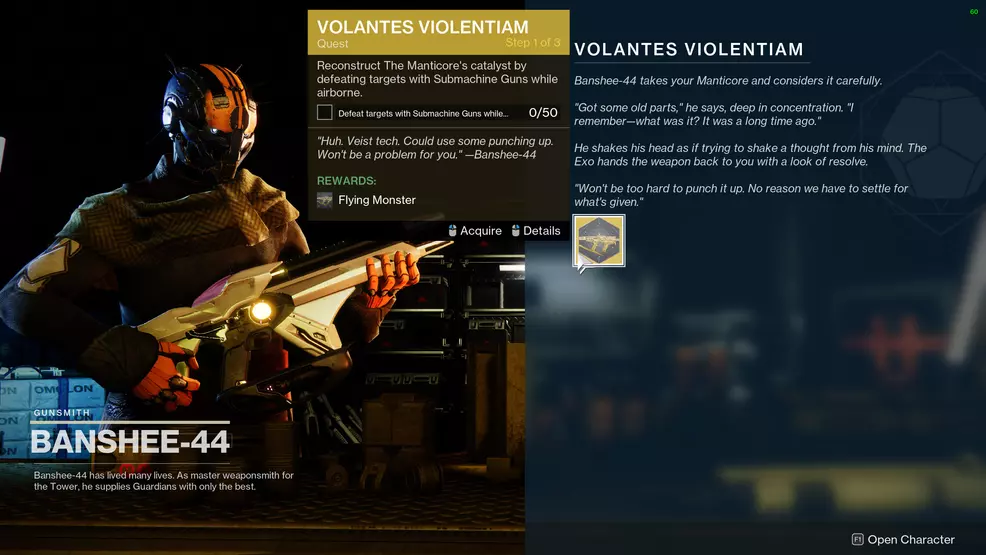 The Volantes Violentiam quest from Banshee-44 for the Manticore Exotic catalyst