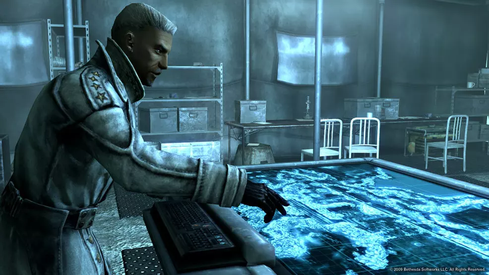 A character overlooking a map on a table in Fallout 3.