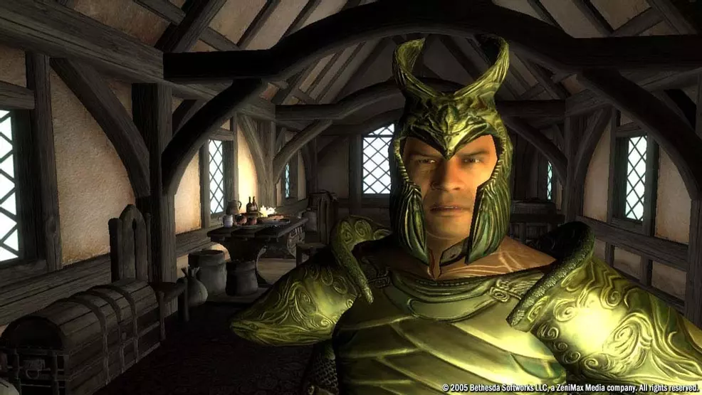 A character in Oblivion wearing a helmet.