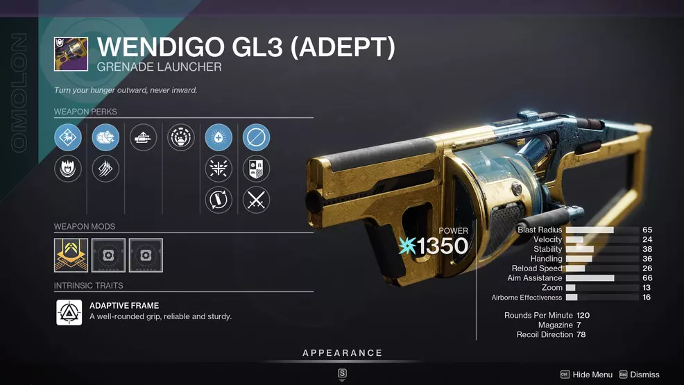 An in-game screenshot of the Wendigo GL3 in Destiny 2