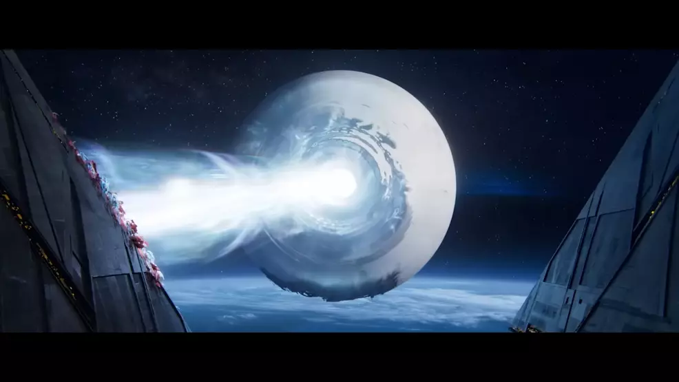 The Traveler fires a beam of light at a Pyramid ships, creating flowers where it touches