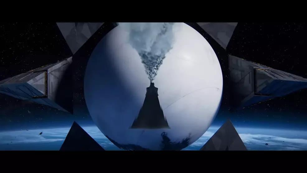 The Witness stands, suspending in space, in front of the Traveler, Pyramid ships encompass the Traveler