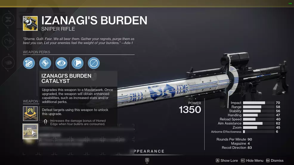 Izanagi's Burden with Exotic catalyst highlighted