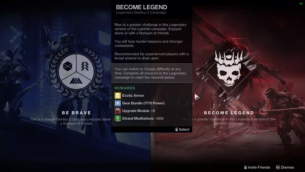 Destiny 2: Lightfall difficulty selector: Be Brave or Become Legend