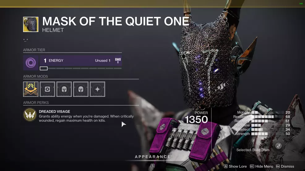 Mask of the Quiet One showing the Exotic perk