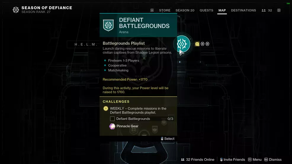 The Defiant Battlegrounds playlist tab in the H.E.L.M. map