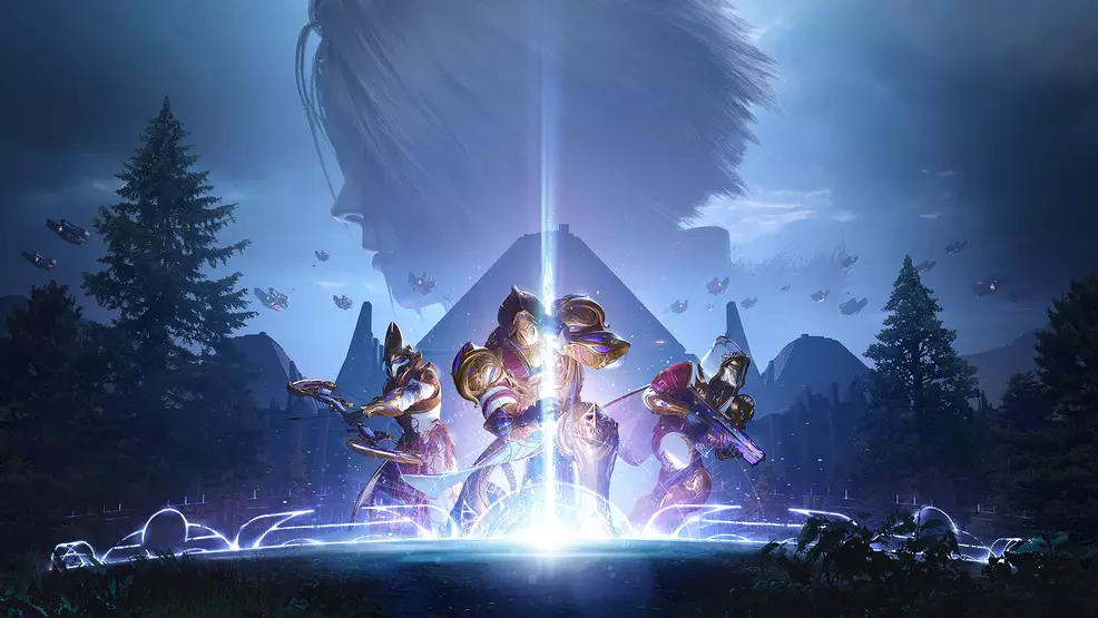 Destiny 2 Season of Defiance poster showing three Guardians with Mara Sov's head in the background