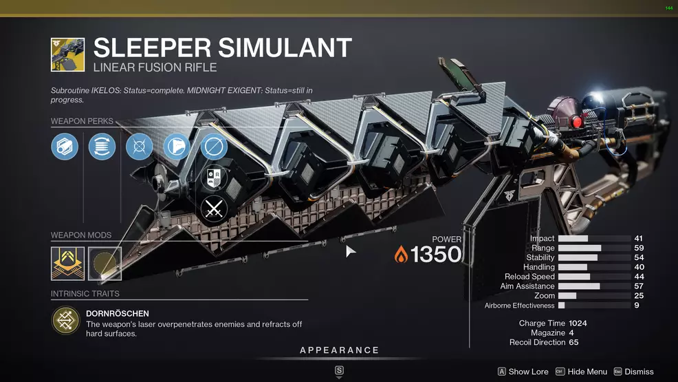 Sleeper Simulant with perks displayed in inventory