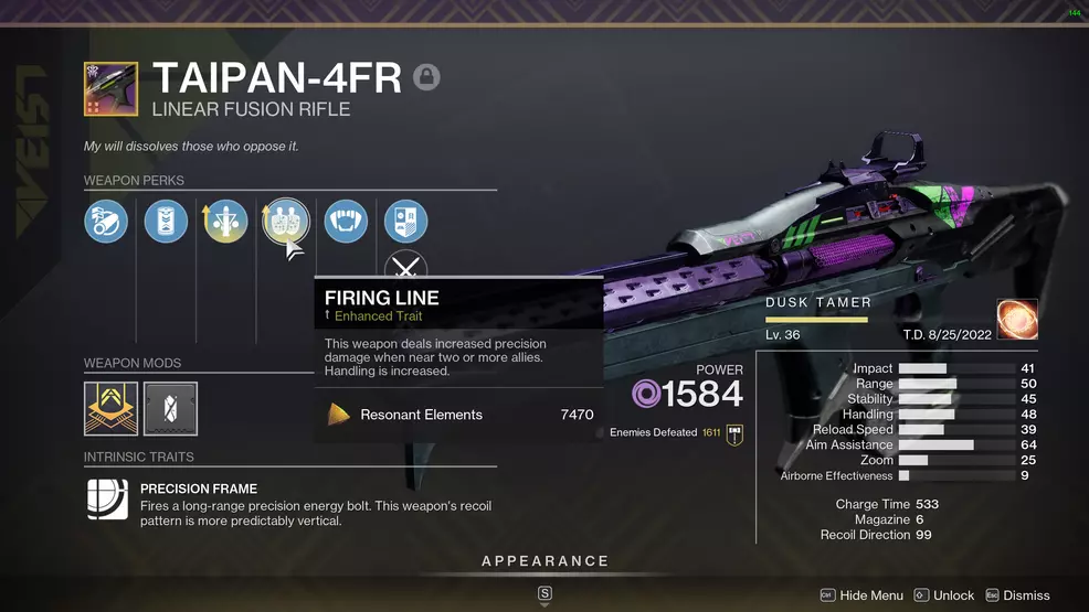 Taipan-4FR with Firing Line perk highlighted