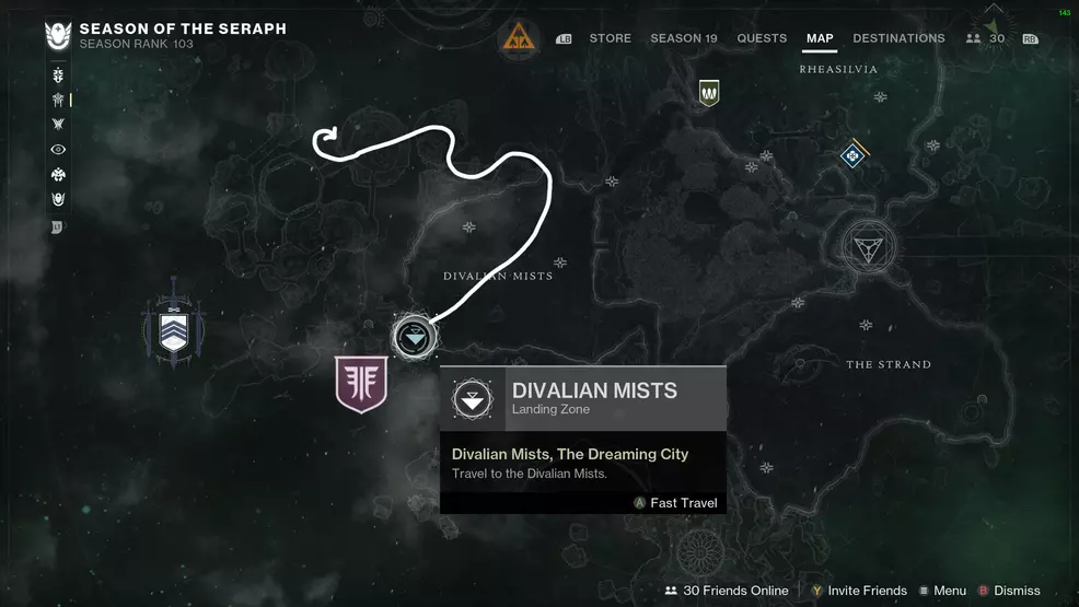 Map of Dreaming City with a line drawn to the portal at Spine of Keres