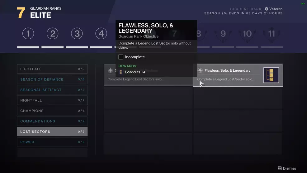 The Guardian Ranks screen showing how to unlock additional Loadouts