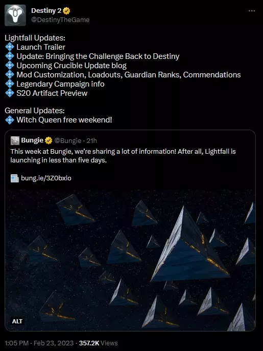 Destiny 2's tweet about the launch of a free weekend for The Witch Queen