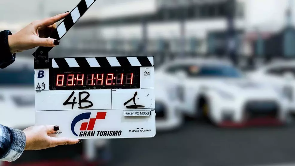 A clapper on the set of the Gran Turismo movie.