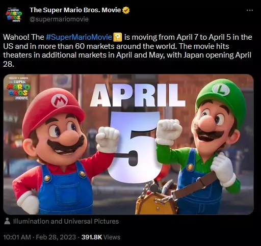Mario Thursday The Super Mario Bros. Movie US release date gets bumped up two days ...