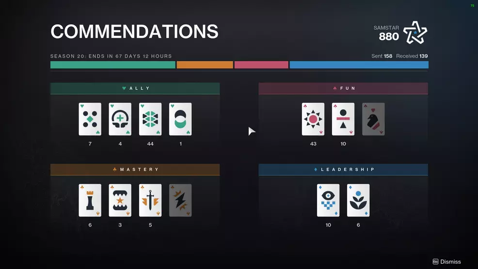 The Commendations screen in Destiny 2