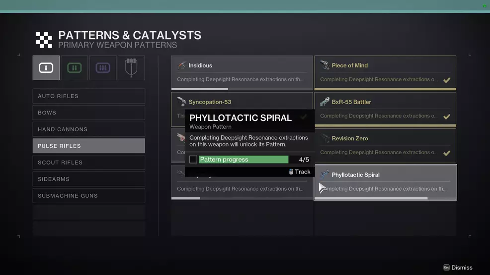The Pattern collections screen in Destiny 2 showing the Phyllotactic Spiral Pulse Rifle