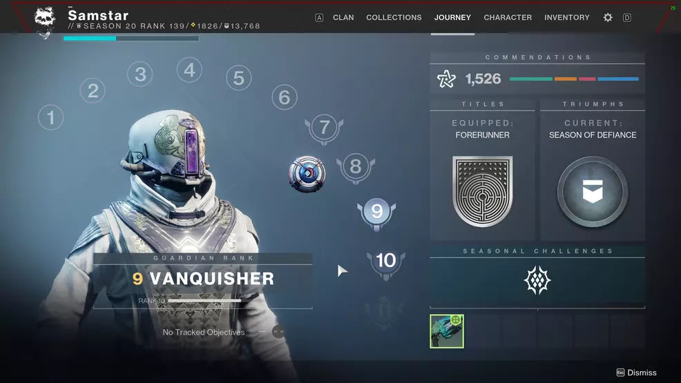 The Journey screen in Destiny 2 showing the Guardian Rank