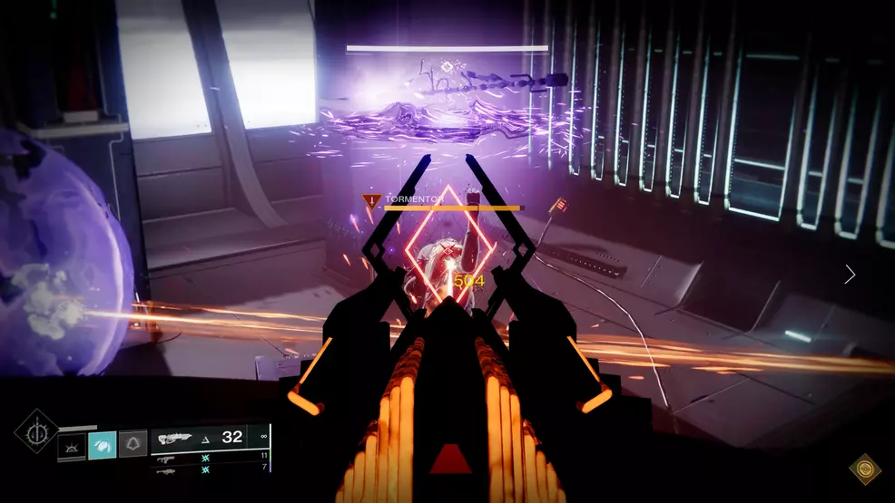 A Guardian dealing damage to a Tormentor enemy in Destiny 2