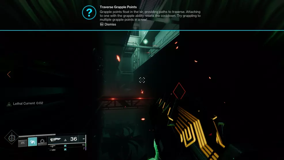 An on-screen tool tip showing players how to use grapple points in Destiny 2: Lightfall