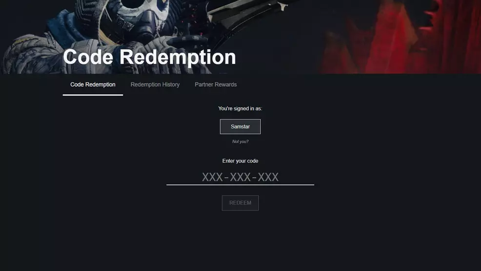 The code redeem page on Bungie.net